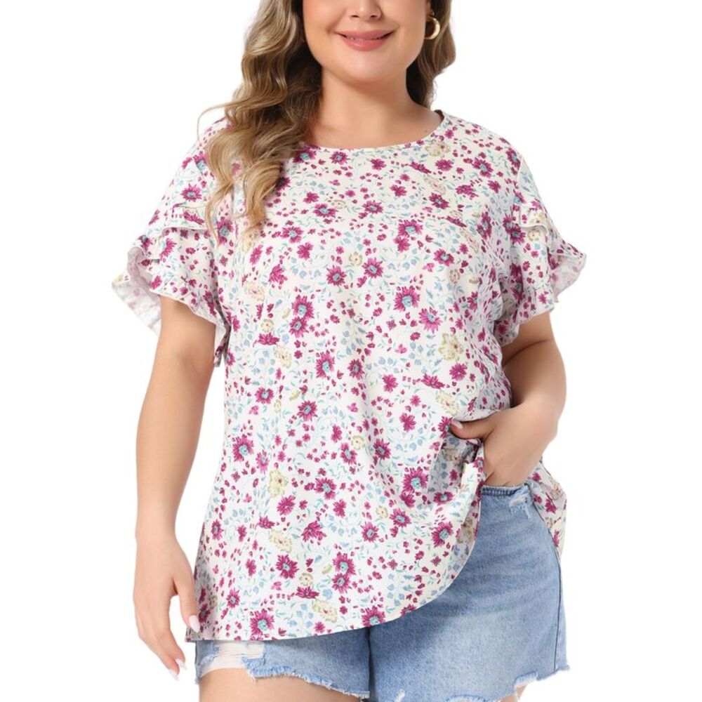 Women Plus Size Tulip Sleeve Crew Neck Floral Tops Apricot
